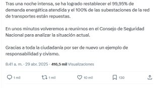 Segons Sánchez, Espanya ja ha recuperat el 99,95% del subministrament elèctric després l'apagada i de les incidències nocturnes 