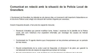 Esclata la tensió entre la Policia Local i l’Ajuntament de Granollers per l’onada d’absentisme al cos