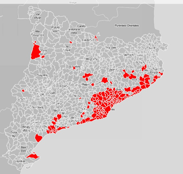 Mapa dels municipis on s'aplicarà el toc de queda